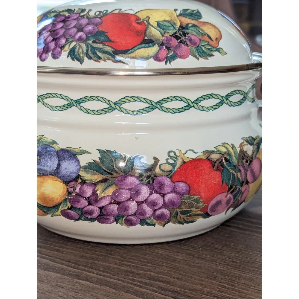 Vintage Lincoln Ware Style Enamel Tea Kettle Fruit Pattern Farmhouse Decor